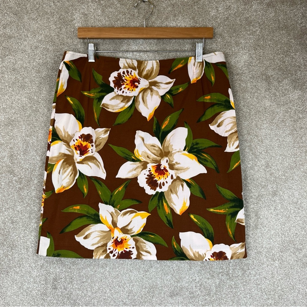 Jones New York Skirt Womens 14 Brown Floral Cotton Blend Knee Length- 4133